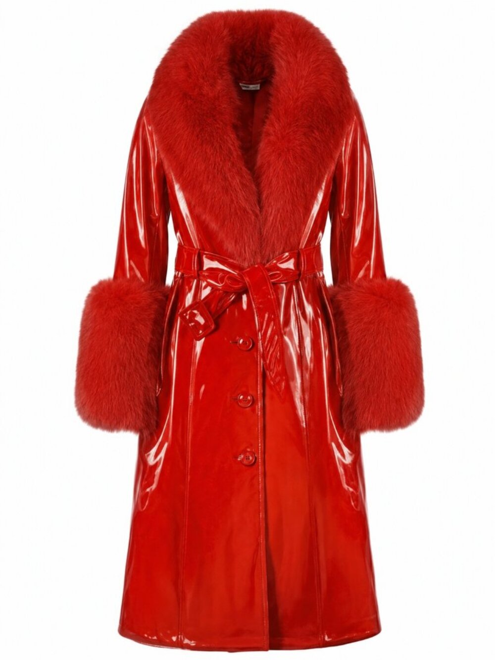 💥SHOWSTOPPER💥Leather Coat with Oversized Fur Collar in Shiny Scarlet Red